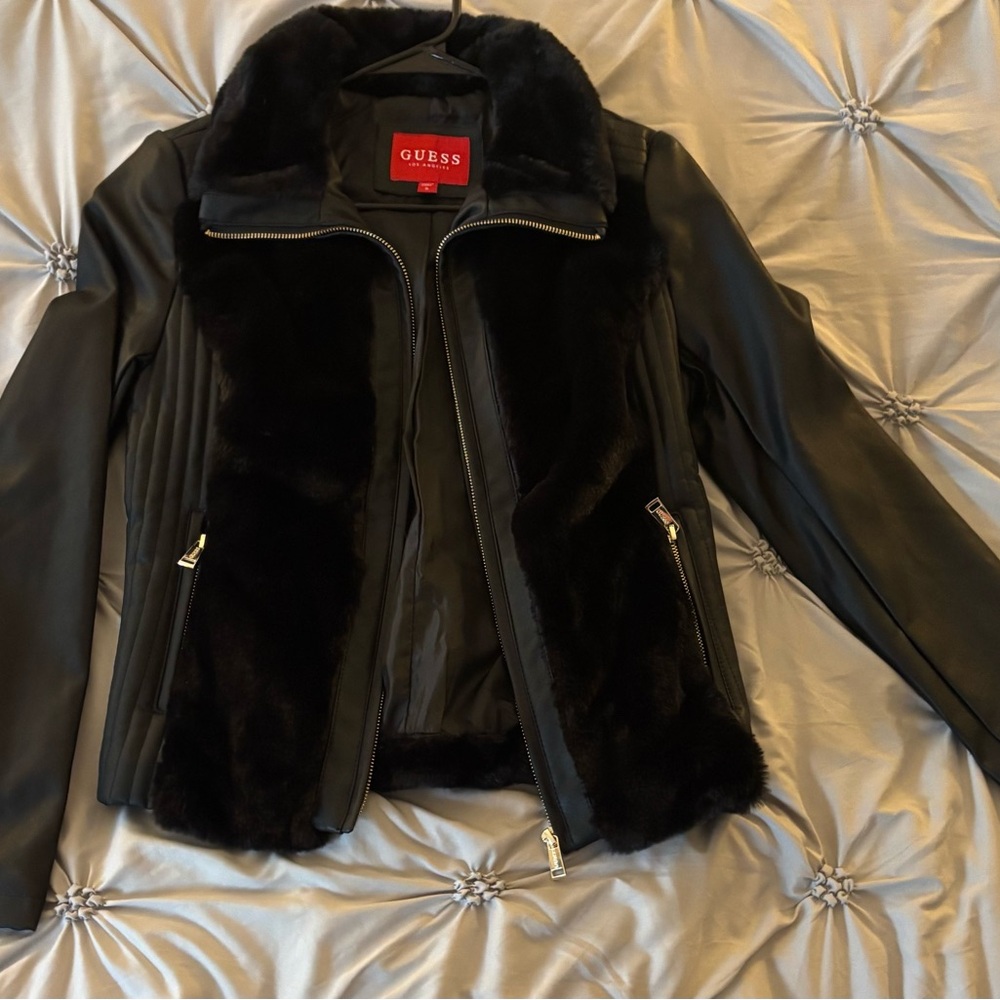 GUESS Black Leather Jacket with Faux Fur